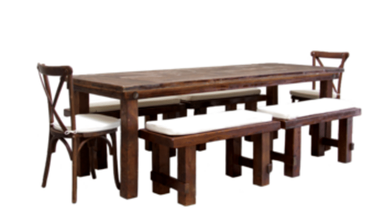 Package – 1 Mahogany Farm Table With 4 Short Benches And 2 Cross-Back Chairs Packages | Rental