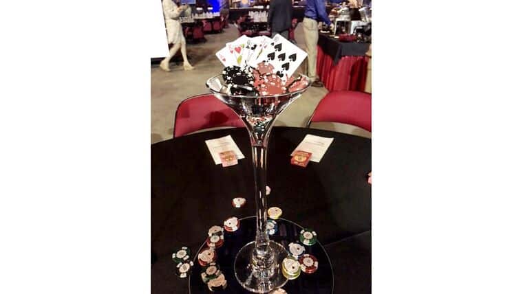 Package – Martini Glass Casino Centerpiece w/Dice & Chips | Rental Package – Martini Glass Casino Centerpiece w/Dice & Chips | Rental