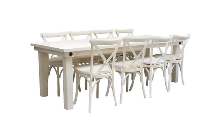 Package – 1 Vintage White Rectangle Farm Table With 8 Cross-Back Chairs Packages | Rental