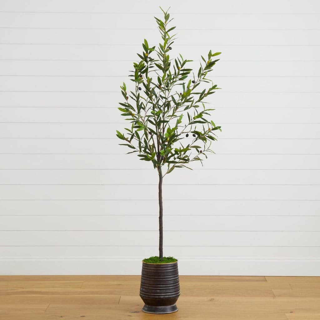 75” Olive Artificial Tree in Ribbed Metal Planter | Rental