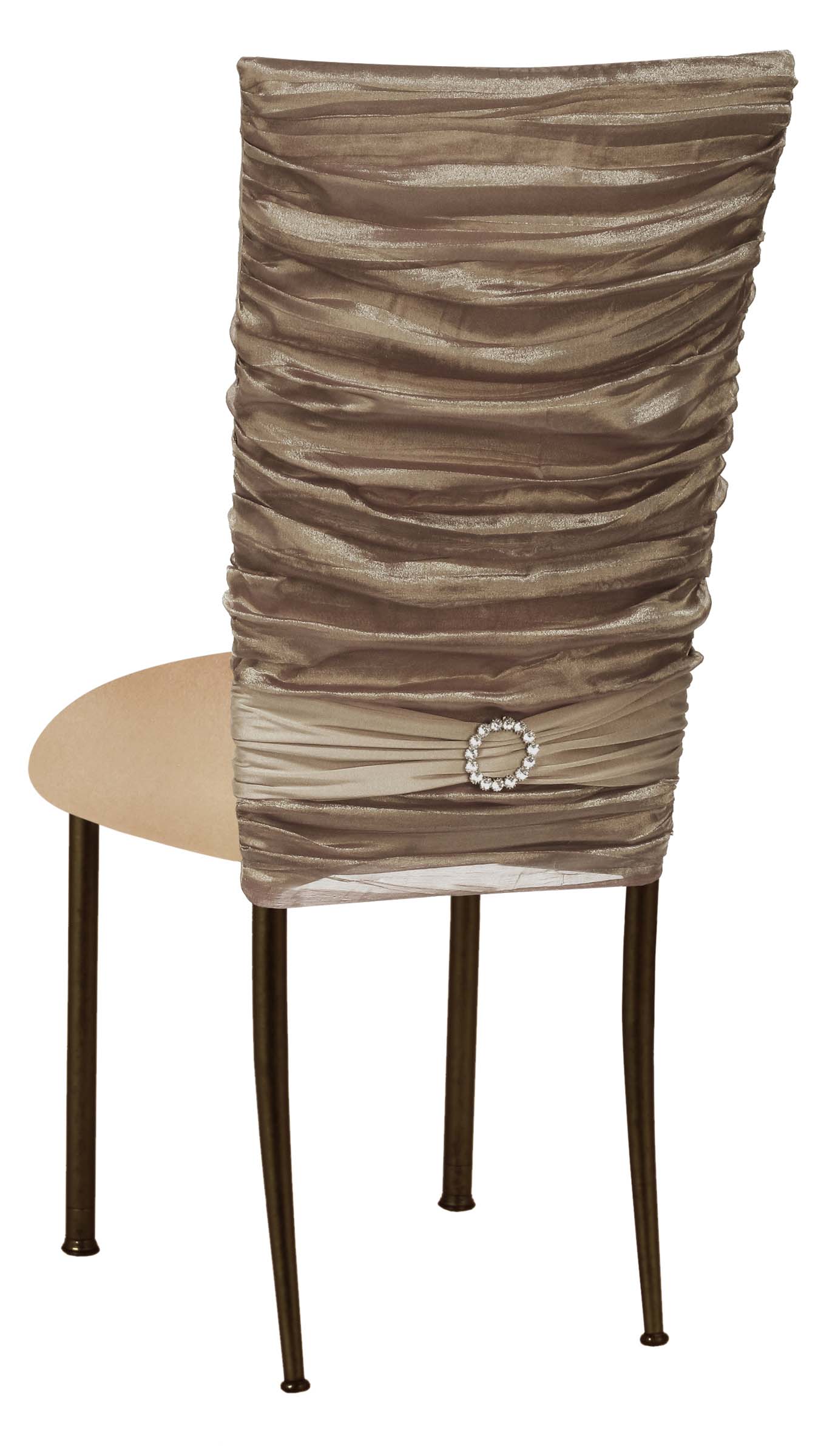 Beige Demure Cover with Jeweled Band and Beige Stretch Knit Cushion on Brown Legs – Chameleon Chair Collection | Rental
