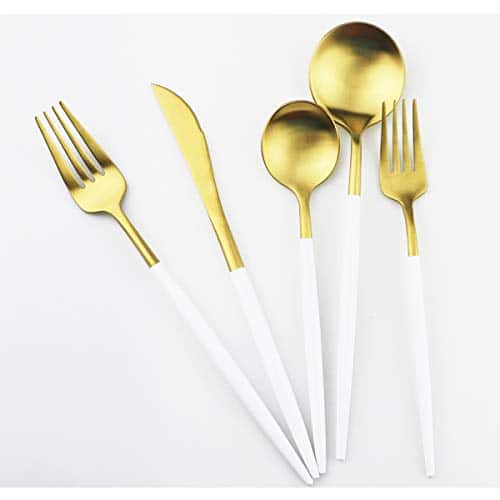 Gugrida White Gold Flatware, Royal 20 Piece Matte White Handle 18/10 Stainless Steel Tableware Sets for 4 Including Forks Spoons Knives, Camping Silverware Travel Utensils Set Cutl | Rental Gugrida White Gold Flatware, Royal 20 Piece Matte White Handle 18/10 Stainless Steel Tableware Sets for 4 Including Forks Spoons Knives, Camping Silverware Travel Utensils Set Cutl | Rental