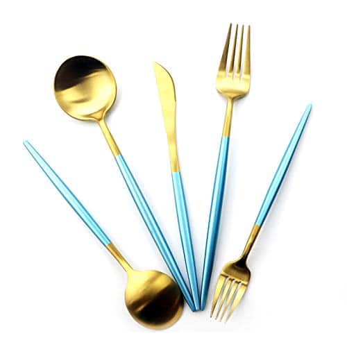 Gugrida 5 Pieces Matte Gold Blue Handle 18/10 Stainless Steel Silverware Set, Flatware Set Titanium Black Cutlery Set, Utensils Set for Home Restaurant Service Set for 1, Dishwashe | Rental Gugrida 5 Pieces Matte Gold Blue Handle 18/10 Stainless Steel Silverware Set, Flatware Set Titanium Black Cutlery Set, Utensils Set for Home Restaurant Service Set for 1, Dishwashe | Rental