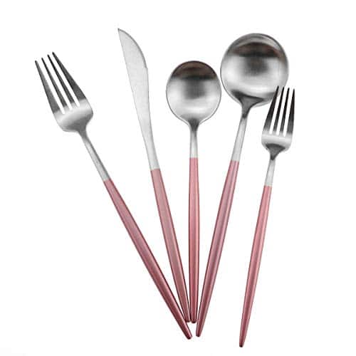 Gugrida Luxury Flatware, Royal 5 Piece Matte Pink Handle 18/10 Stainless Steel Tableware Sets for 1 Including Forks Spoons Knives, Camping Silverware Travel Utensils Set Cutlery (P | Rental Gugrida Luxury Flatware, Royal 5 Piece Matte Pink Handle 18/10 Stainless Steel Tableware Sets for 1 Including Forks Spoons Knives, Camping Silverware Travel Utensils Set Cutlery (P | Rental