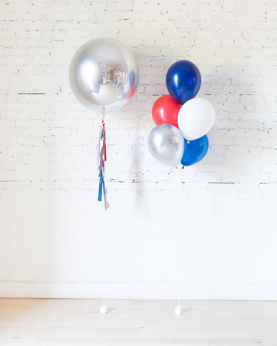 Red, White and Blue Palette 11in Balloon Bouquet and Silver Orb Set | Rental Red, White and Blue Palette 11in Balloon Bouquet and Silver Orb Set | Rental