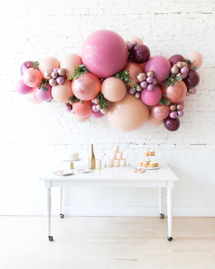 Berry Blush – Backdrop Balloon Garland Install Piece with Greenery/Pampas Grass | Rental Berry Blush – Backdrop Balloon Garland Install Piece with Greenery/Pampas Grass | Rental