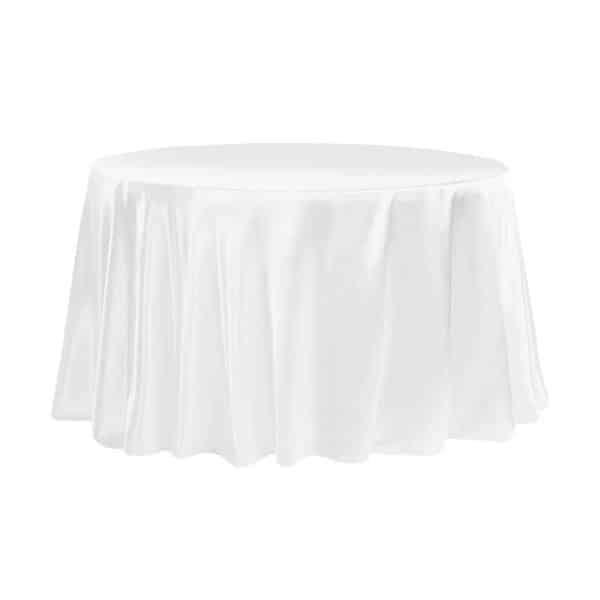Sleek Satin Tablecloth 120″ Round – White | Rental