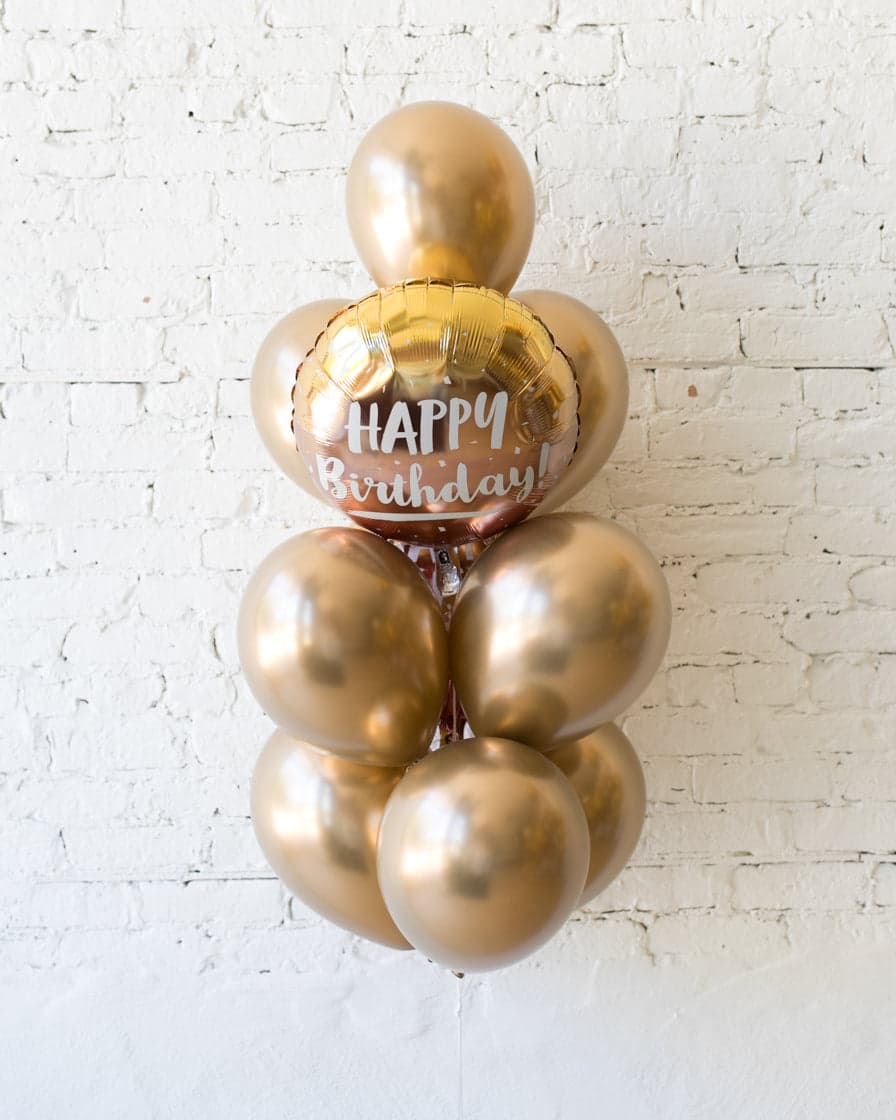 Golden – Happy Birthday Foil and 11in Balloons – bouquet of 10 | Rental