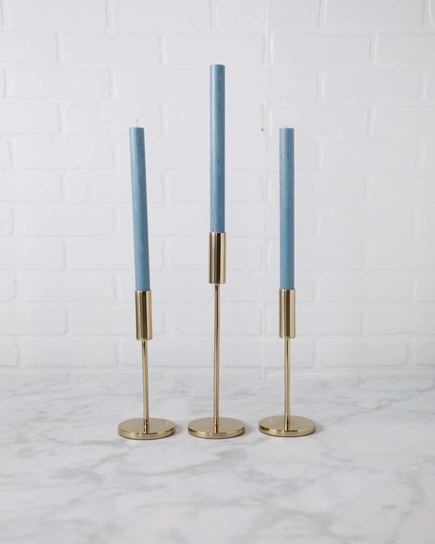 Blue Pompadour – Candles with Gold Candlesticks (set of 3) | Rental