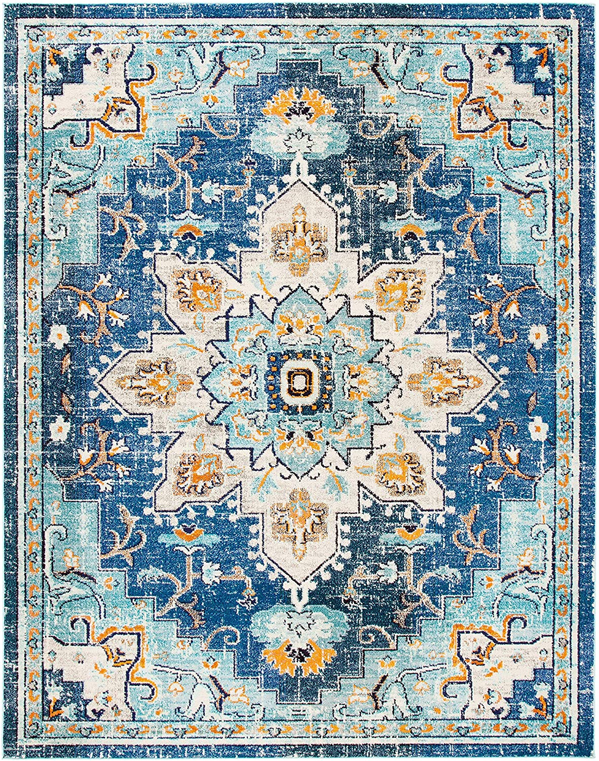Boho Chic Vintage Distressed Medallion Area Rug | 10′ x 14′ | Blue/Light Blue | Rental
