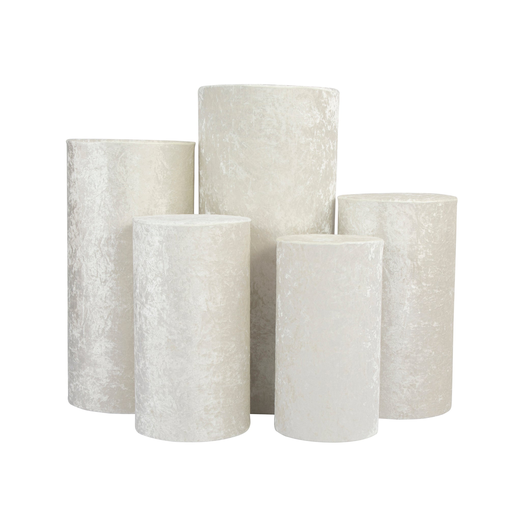 Velvet Covers for Metal Cylinder Pedestal Stands 5 pcs/set – Ivory | Rental Velvet Covers for Metal Cylinder Pedestal Stands 5 pcs/set – Ivory | Rental
