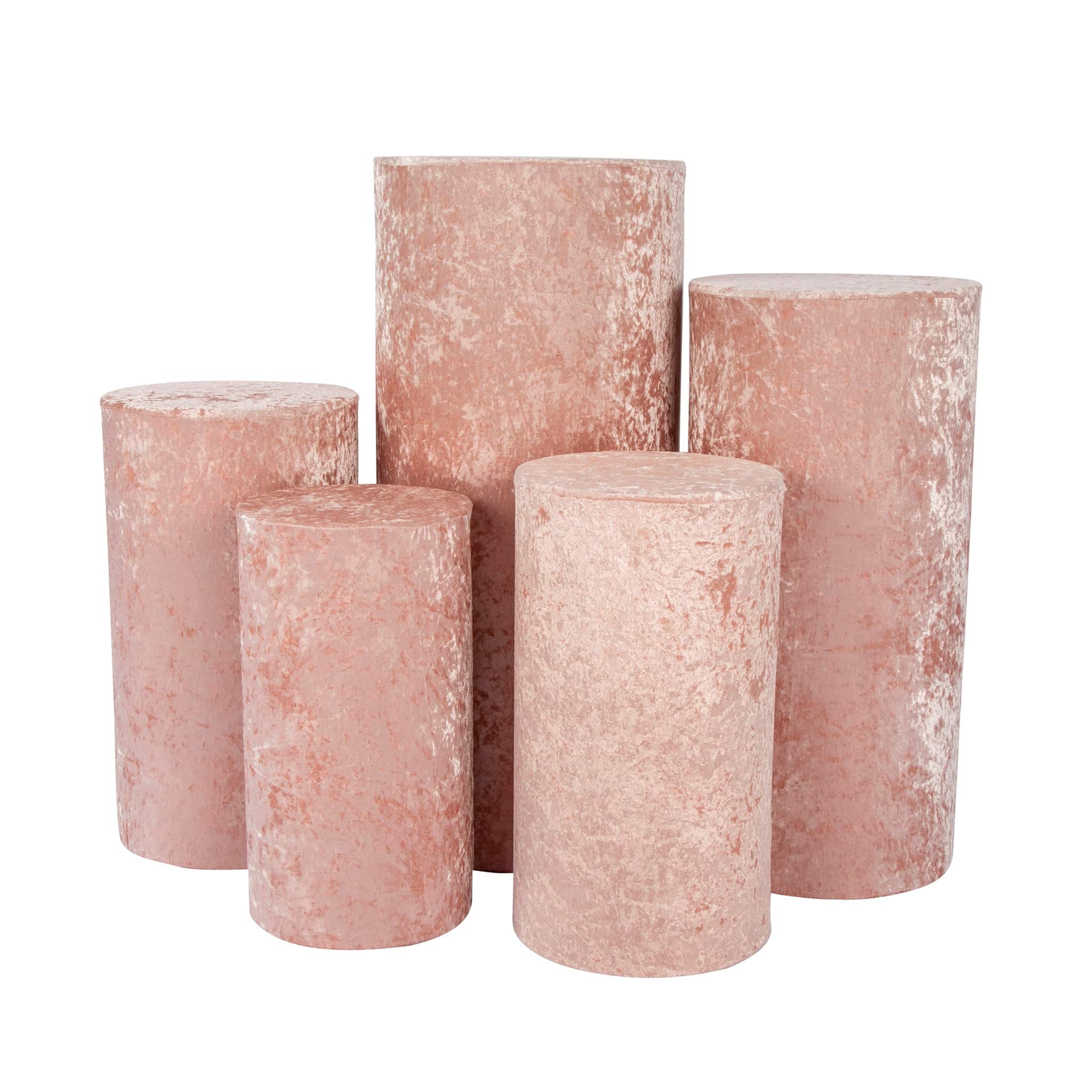 Velvet Covers for Metal Cylinder Pedestal Stands 5 pcs/set – Blush/Rose Gold | Rental Velvet Covers for Metal Cylinder Pedestal Stands 5 pcs/set – Blush/Rose Gold | Rental