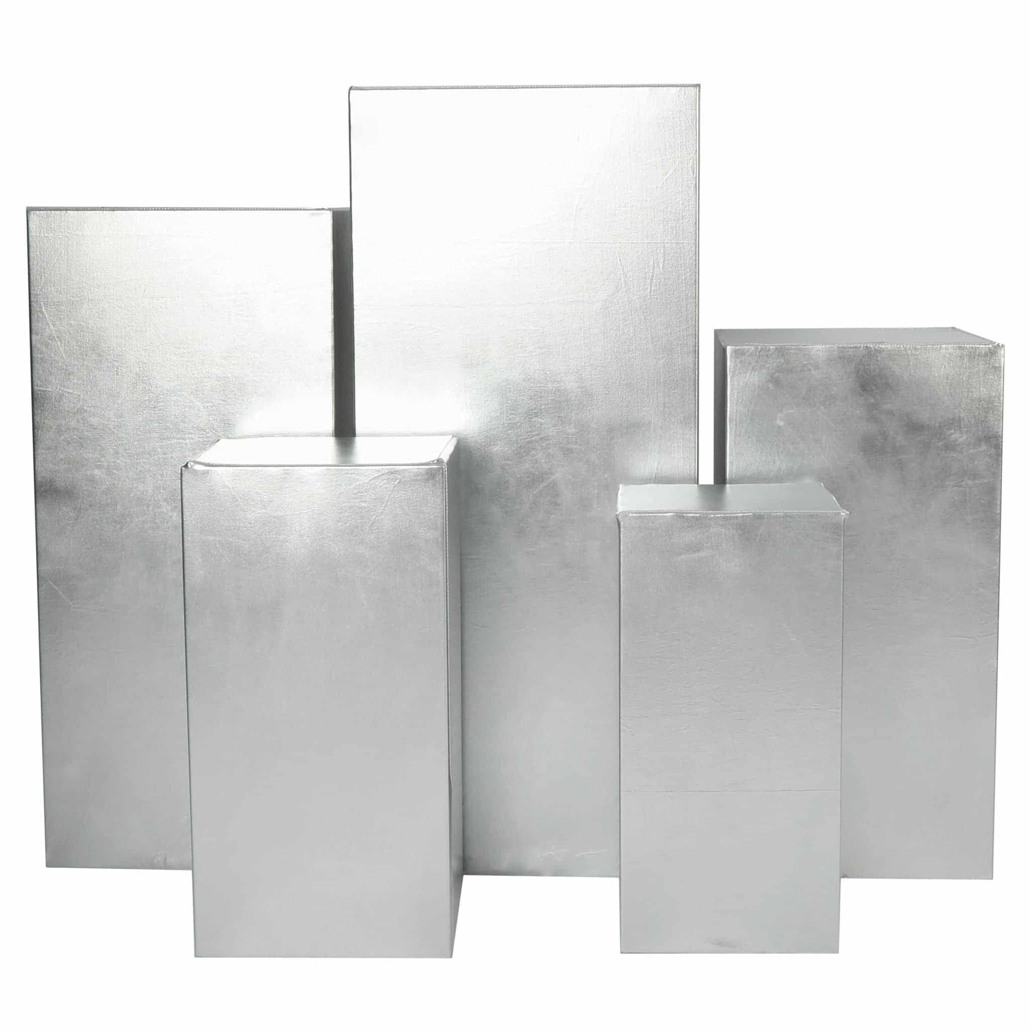 Spandex Covers for Square Metal Pillar Pedestal Stands 5 pcs/set – Metallic Silver | Rental Spandex Covers for Square Metal Pillar Pedestal Stands 5 pcs/set – Metallic Silver | Rental