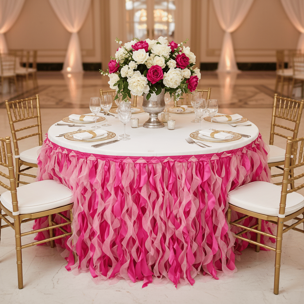 Curly Willow 17ft Table Skirt – Fuchsia | Rental