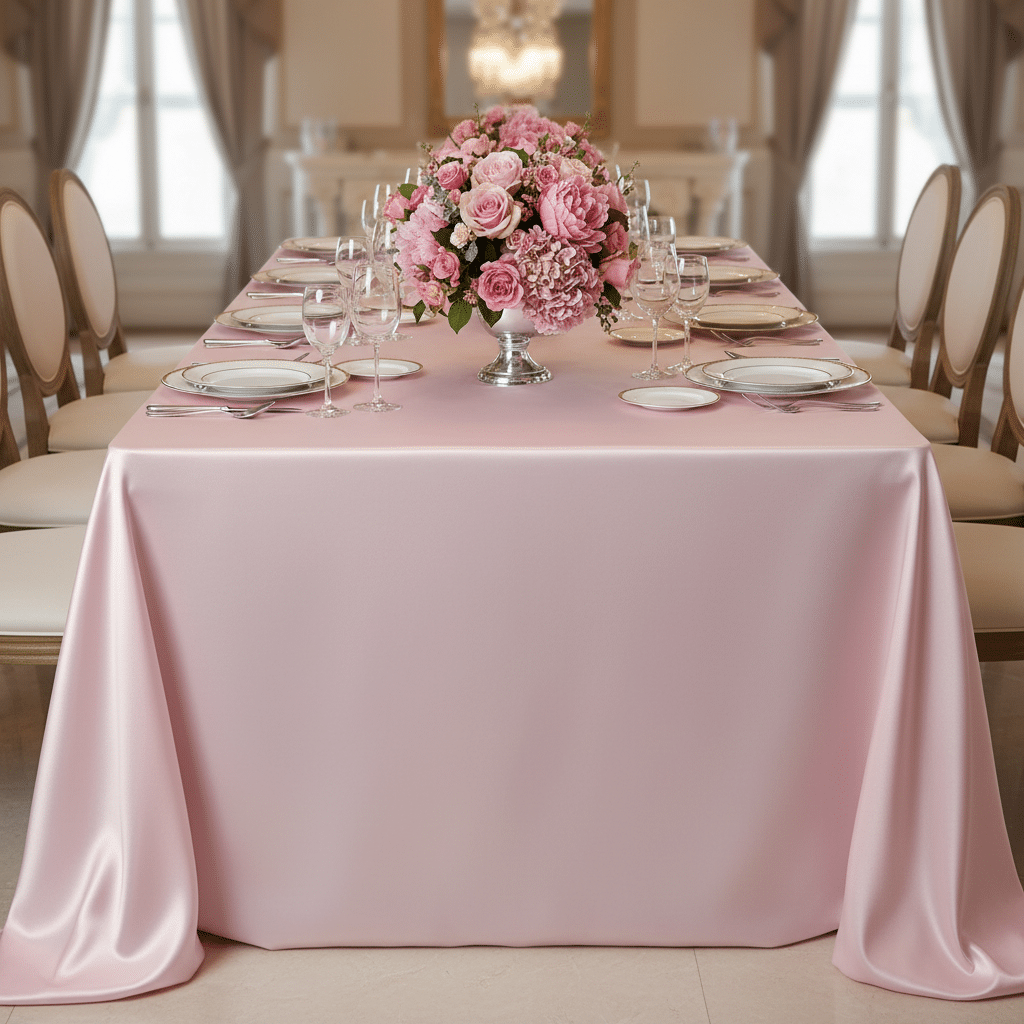 Satin Rectangular 90″x132″ Tablecloth – Pastel Pink | Rental