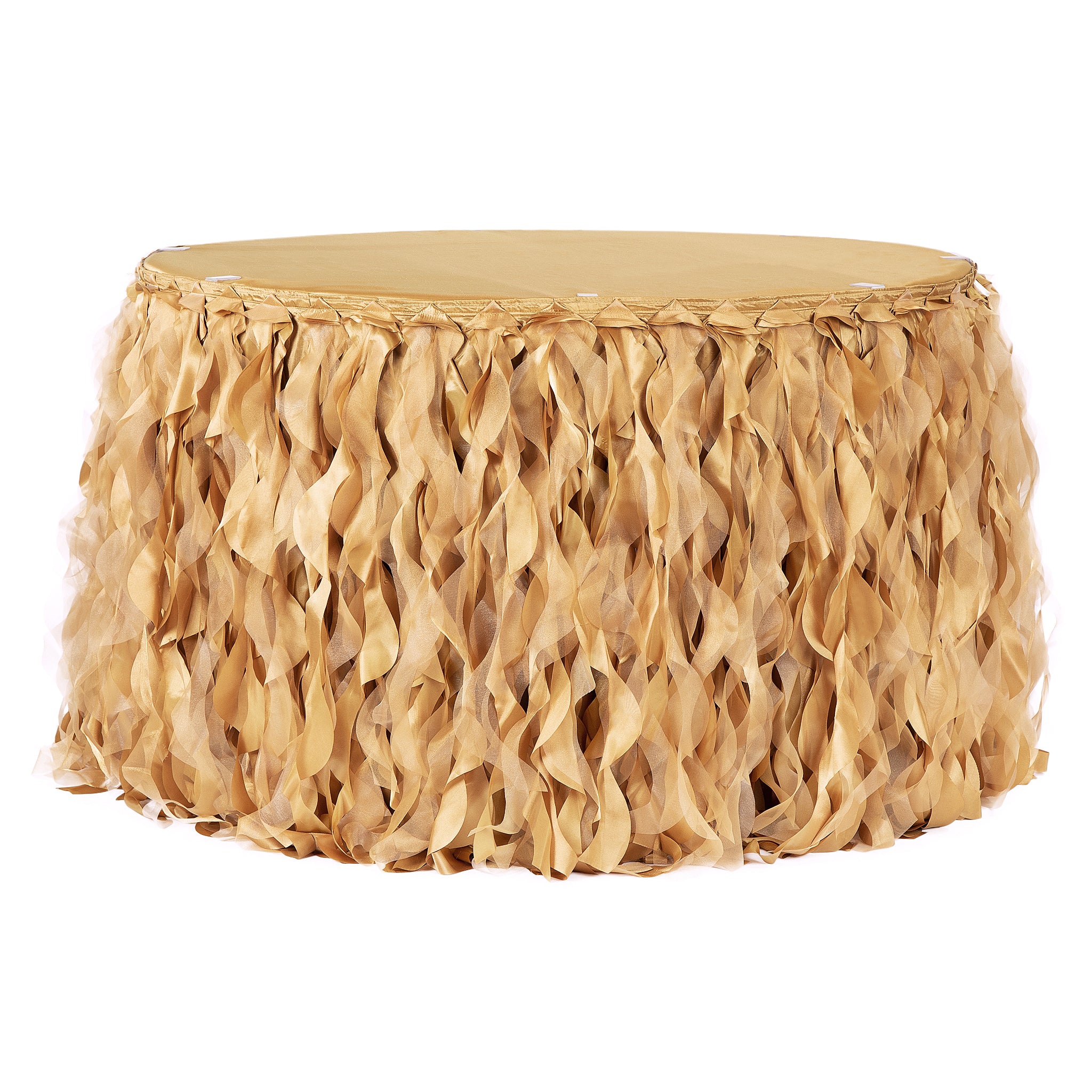 Curly Willow 14ft Table Skirt – Gold | Rental