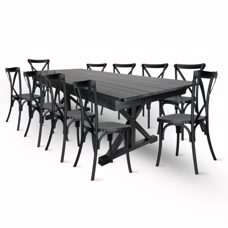 Black X-Leg Farm Table Dining Set Set with 10 Chairs | Rental
