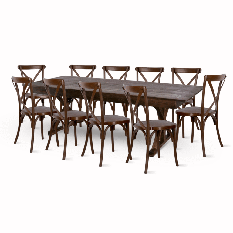 Fruitwood X-Leg Farm Table Dining Set with 10 Chairs | Rental