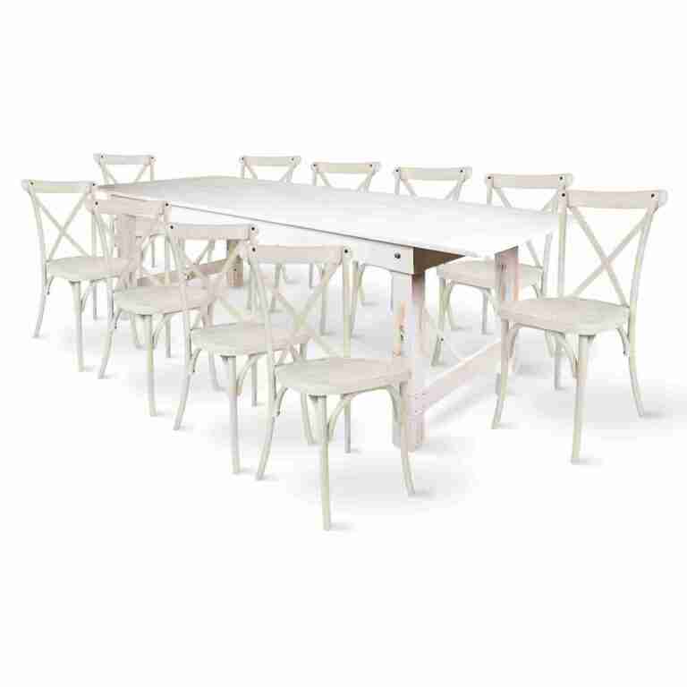 White Distressed Straight Leg Farm Table Dining Set with 10 Chairs | Rental