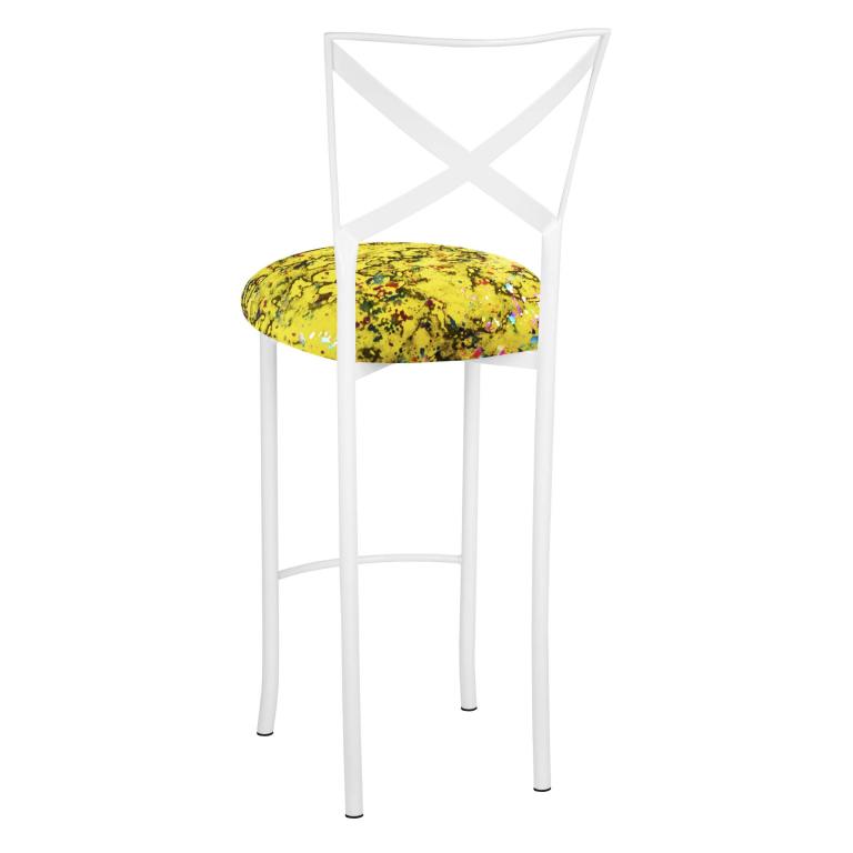 Simply X White Barstool with Yellow Paint Splatter Stretch Knit Cushion – Chameleon Chair Collection | Rental